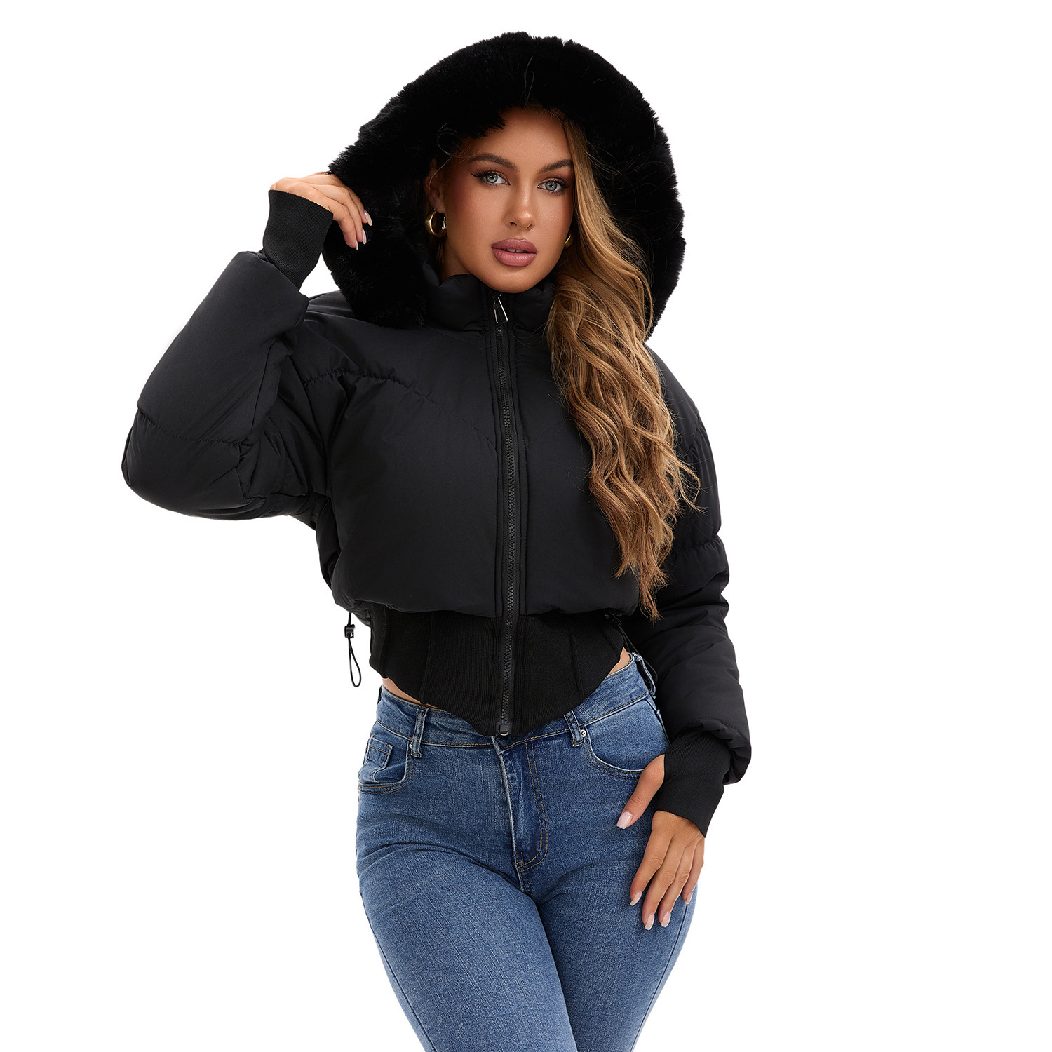 Hooded Large Fur Collar Short Jacket - Image 2