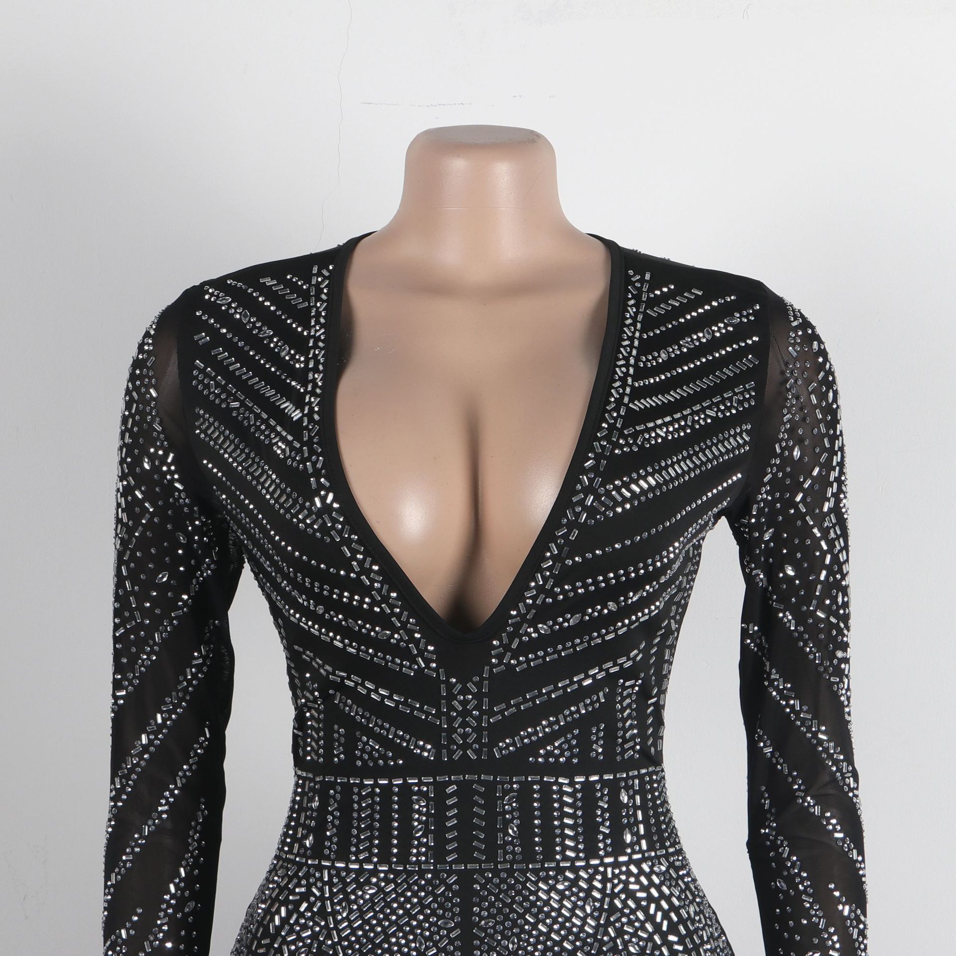 Slim Hip Rhinestone V-Neck Stretch Tight Jumpsuit - Image 5