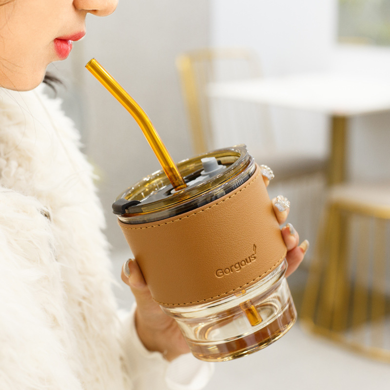Creative Portable Cup With Lid Straw Glass