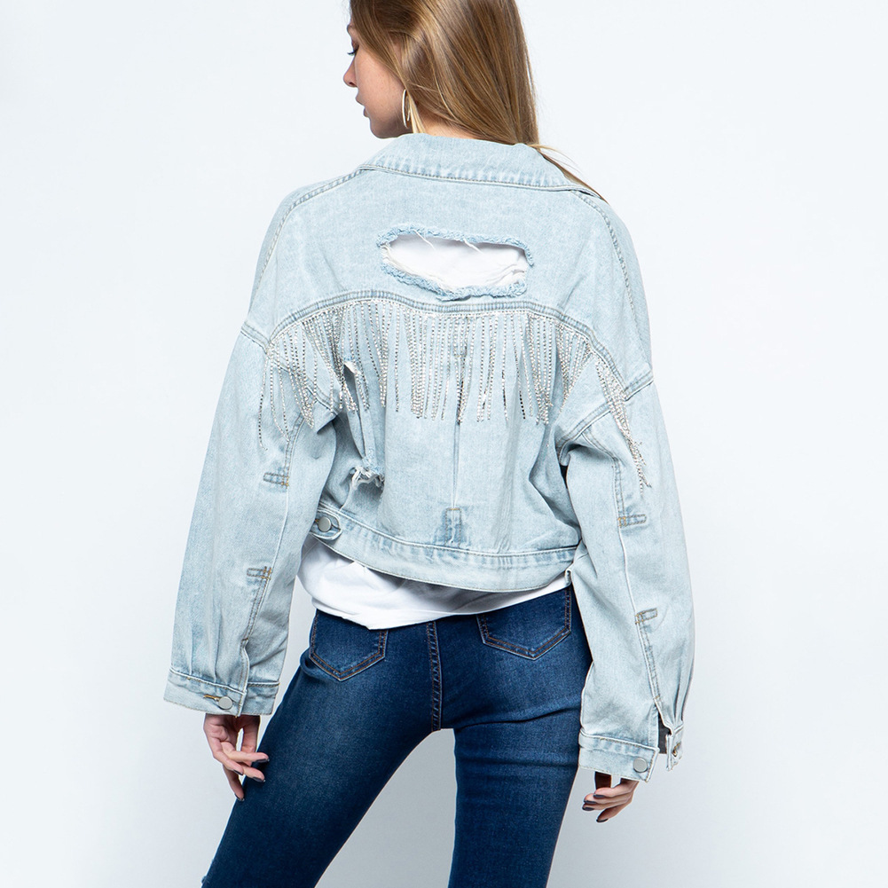 Long Sleeve Ripped Rhinestone Denim Jacket - Image 8
