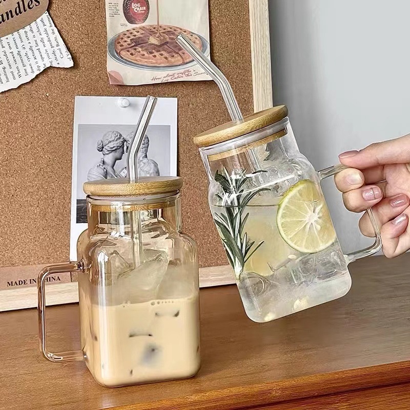 Borosilicate Transparent Glass Square Cup With Straw