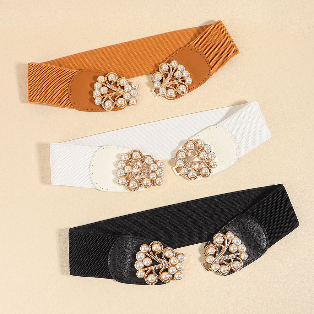 Multi-colored Pearl Metal Buckle Elastic Wide Belt - Image 2