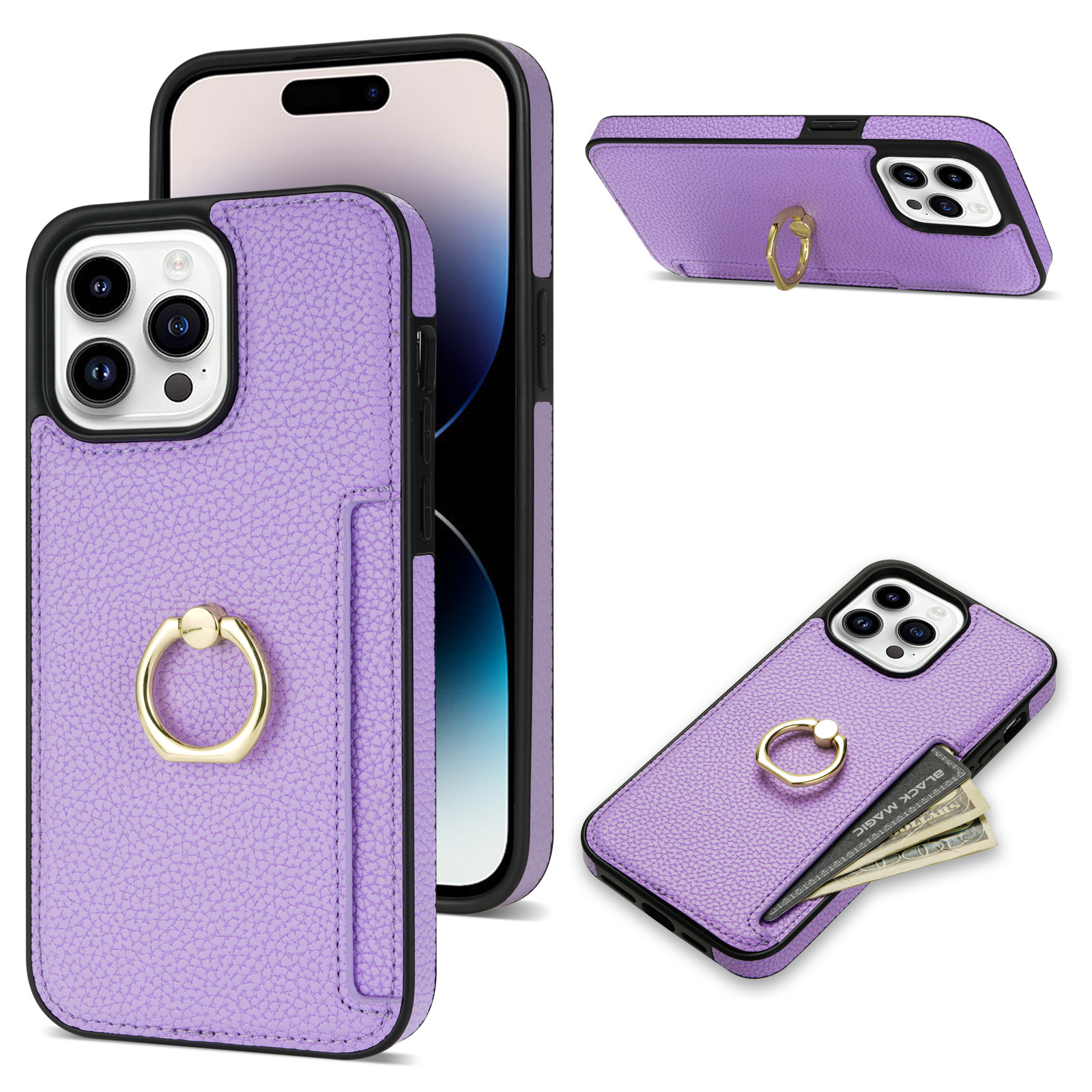 Litchi Pattern Ring Bracket Anti-fall Phone Case - Image 5
