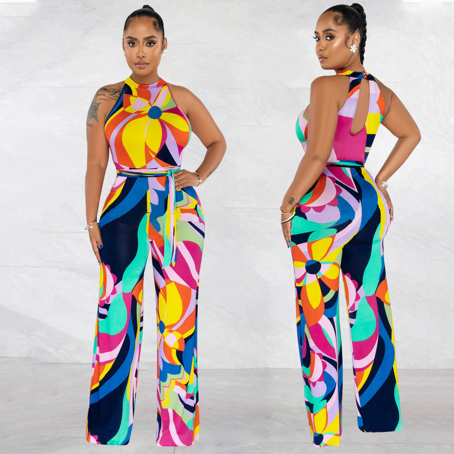 Women's Printed Sexy Sleeveless Lace-up Jumpsuit