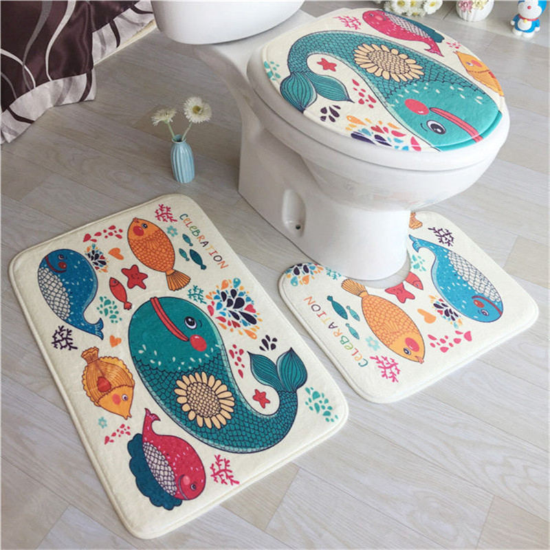 Three-Piece Absorbent Whale Printed Bath Mat