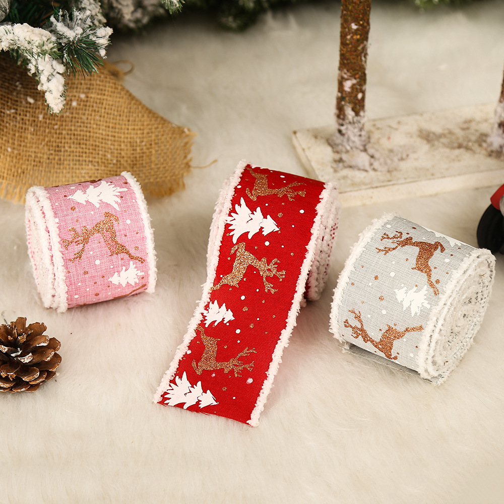 Linen Elk Christmas Tree Wrapping Ribbon