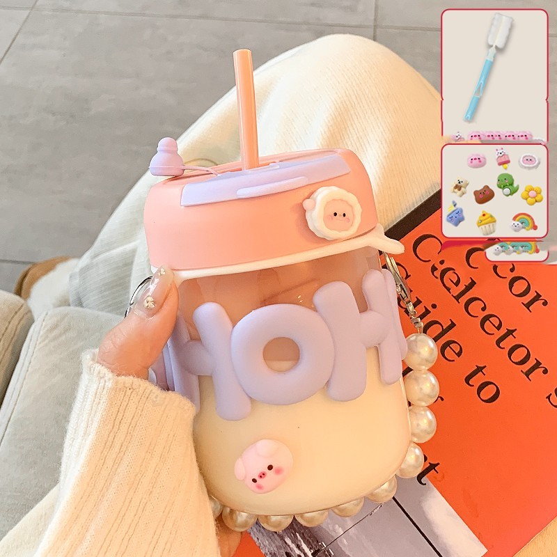 Cute Pearl Chain Silicone Glass Mug With Straw - Image 4