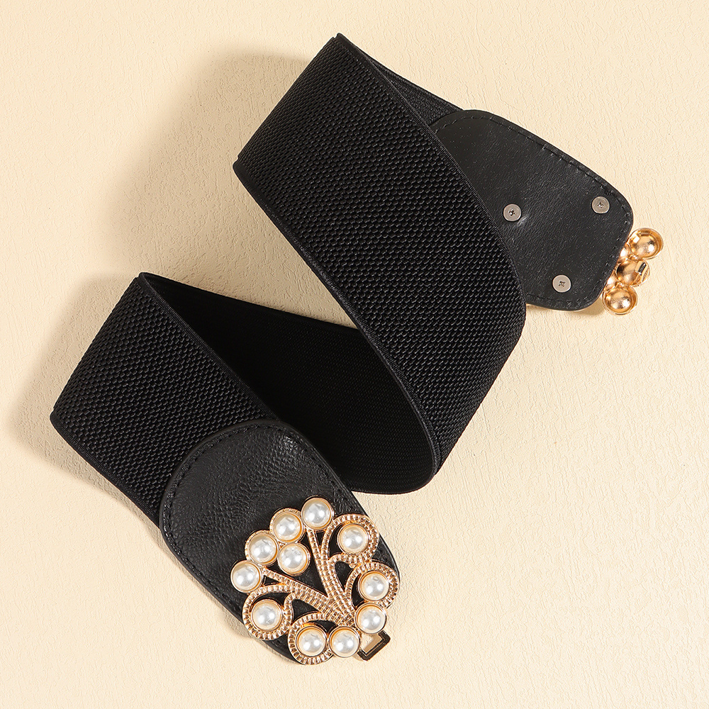 Multi-colored Pearl Metal Buckle Elastic Wide Belt - Image 3