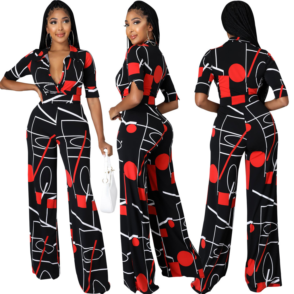 Fashion Digital  V-Neck Women's Jumpsuit Long
