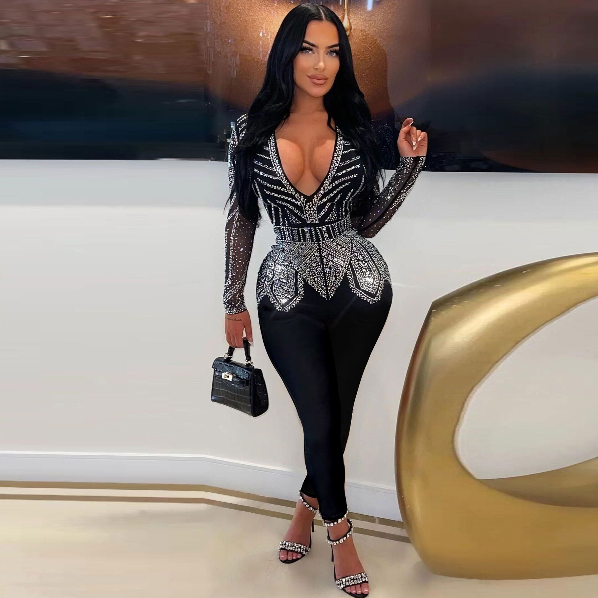 Slim Hip Rhinestone V-Neck Stretch Tight Jumpsuit
