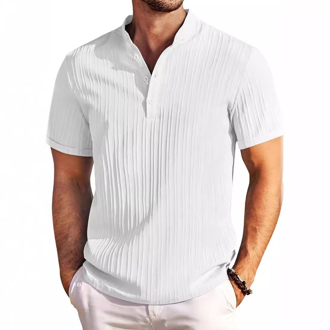 Stand Collar Buttons Short Sleeve T-Shirt - Image 2