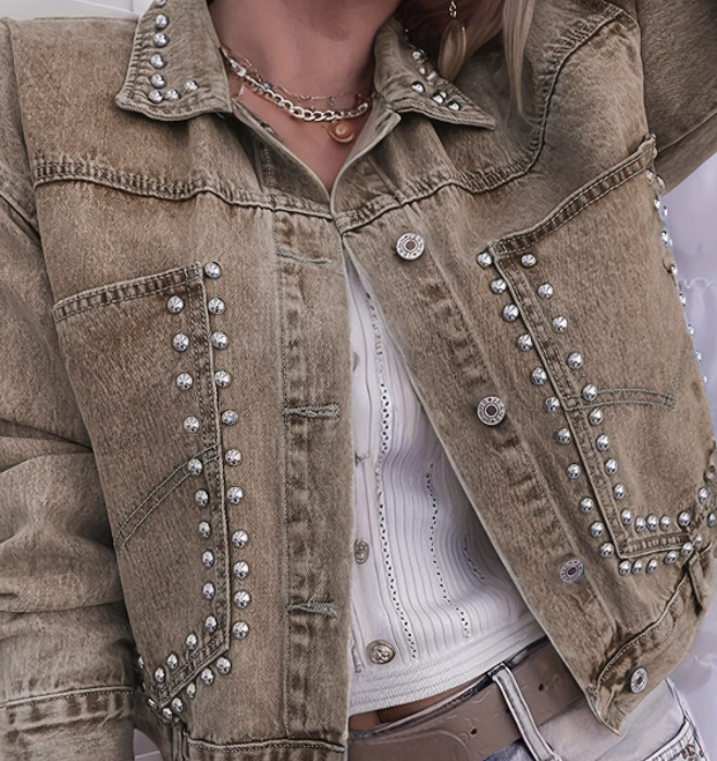 Women's Decorative Rivets Denim Jacket - Image 5