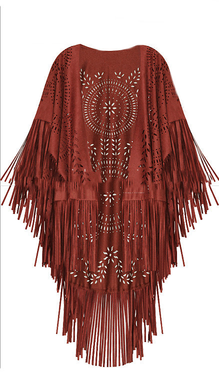 Suede Hollow Fringed Short Sleeve Jacket - Image 4