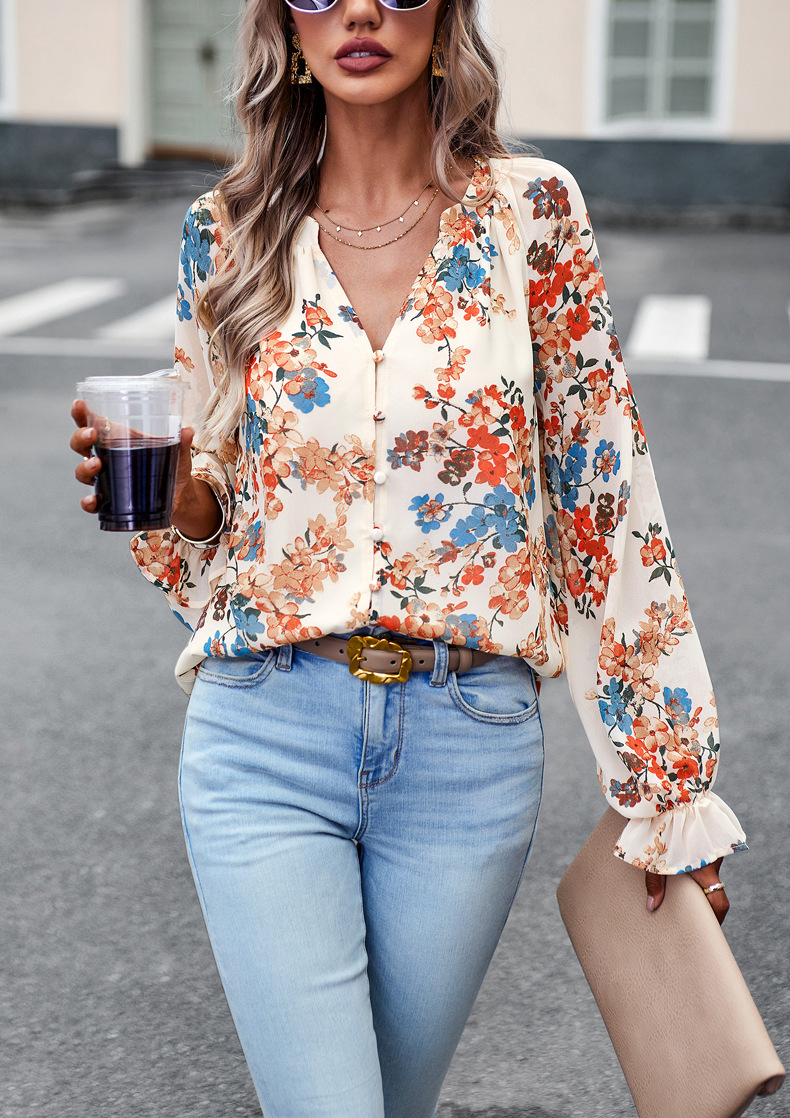 Floral Print V Neck Long Sleeve Shirts - Image 9
