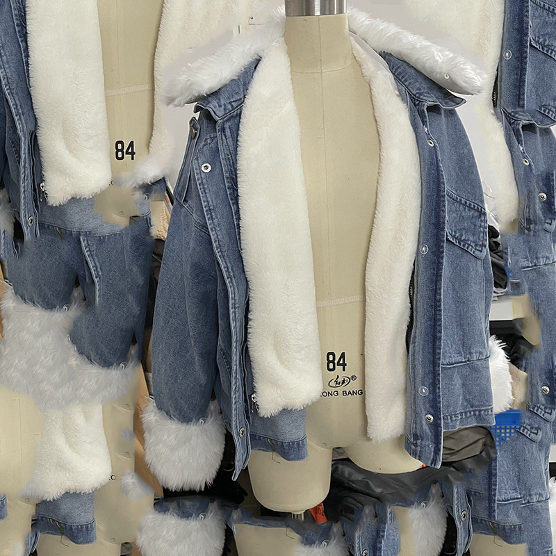 Washed White Denim Fur Integrated Jacket - Image 2