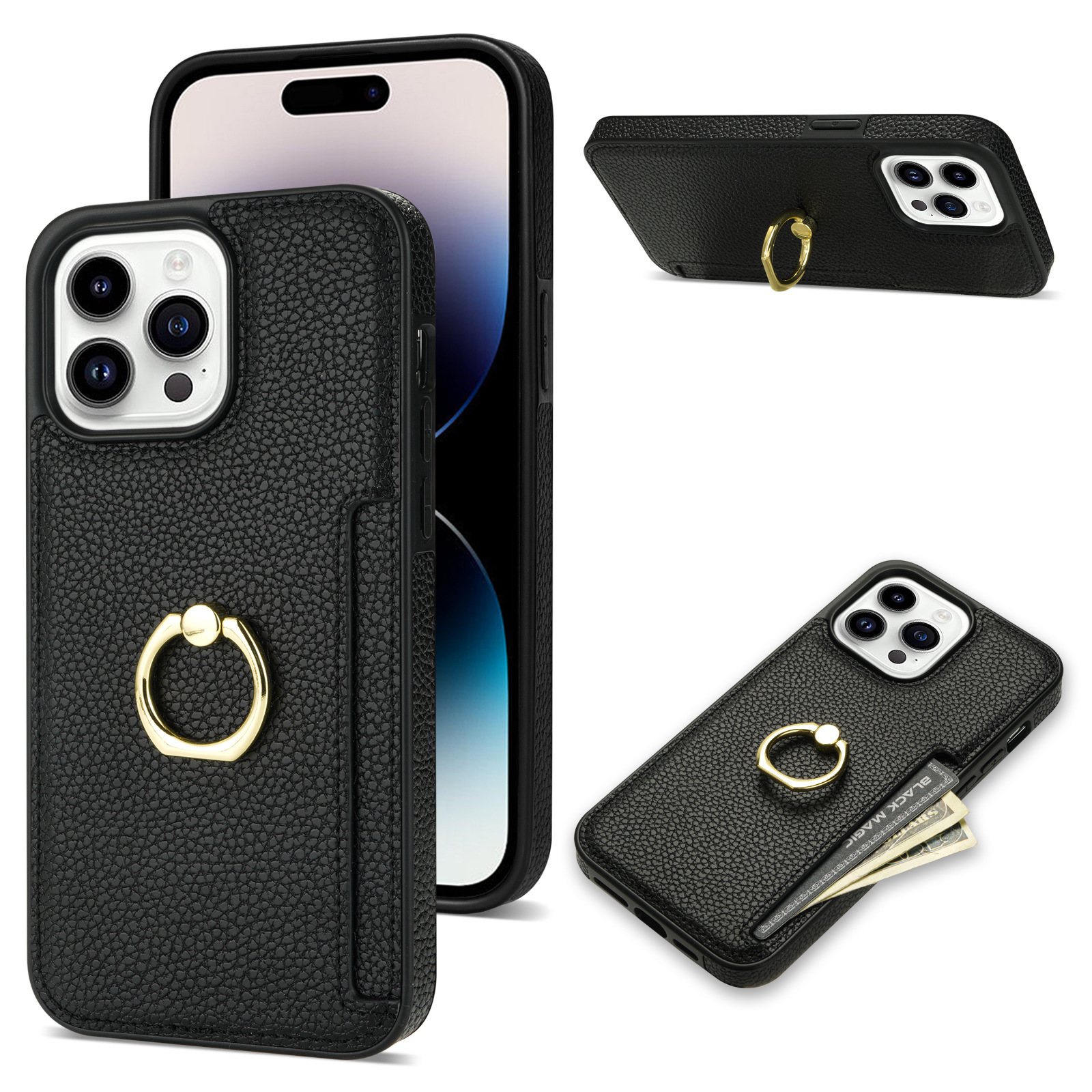 Litchi Pattern Ring Bracket Anti-fall Phone Case - Image 3
