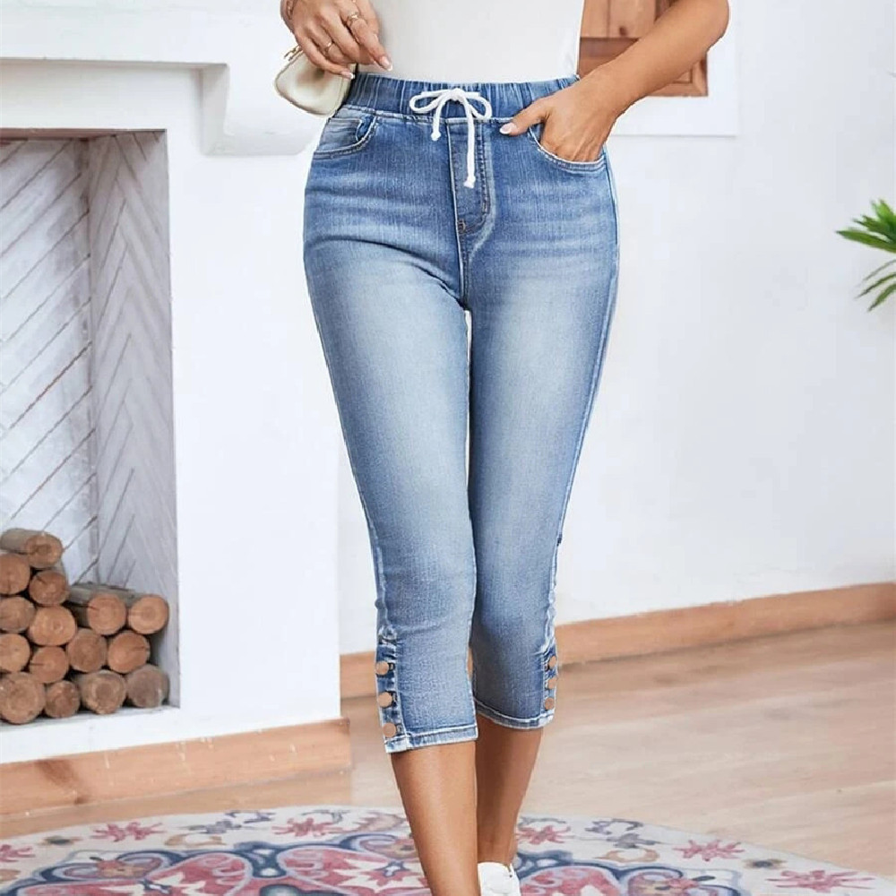 Elastic Waistband Lace-up Stretch Jeans
