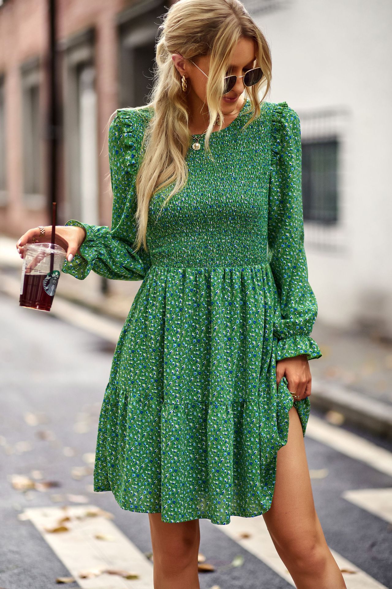 Long Sleeve Round Neck Floral Dress - Image 5
