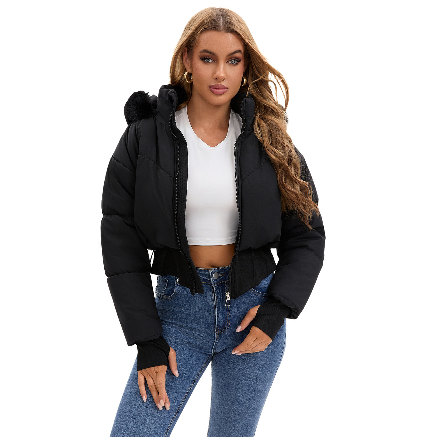 Hooded Large Fur Collar Short Jacket - Image 9