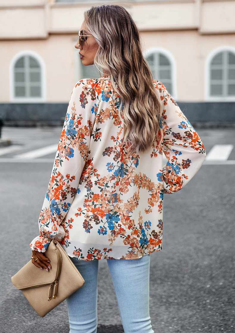 Floral Print V Neck Long Sleeve Shirts - Image 10