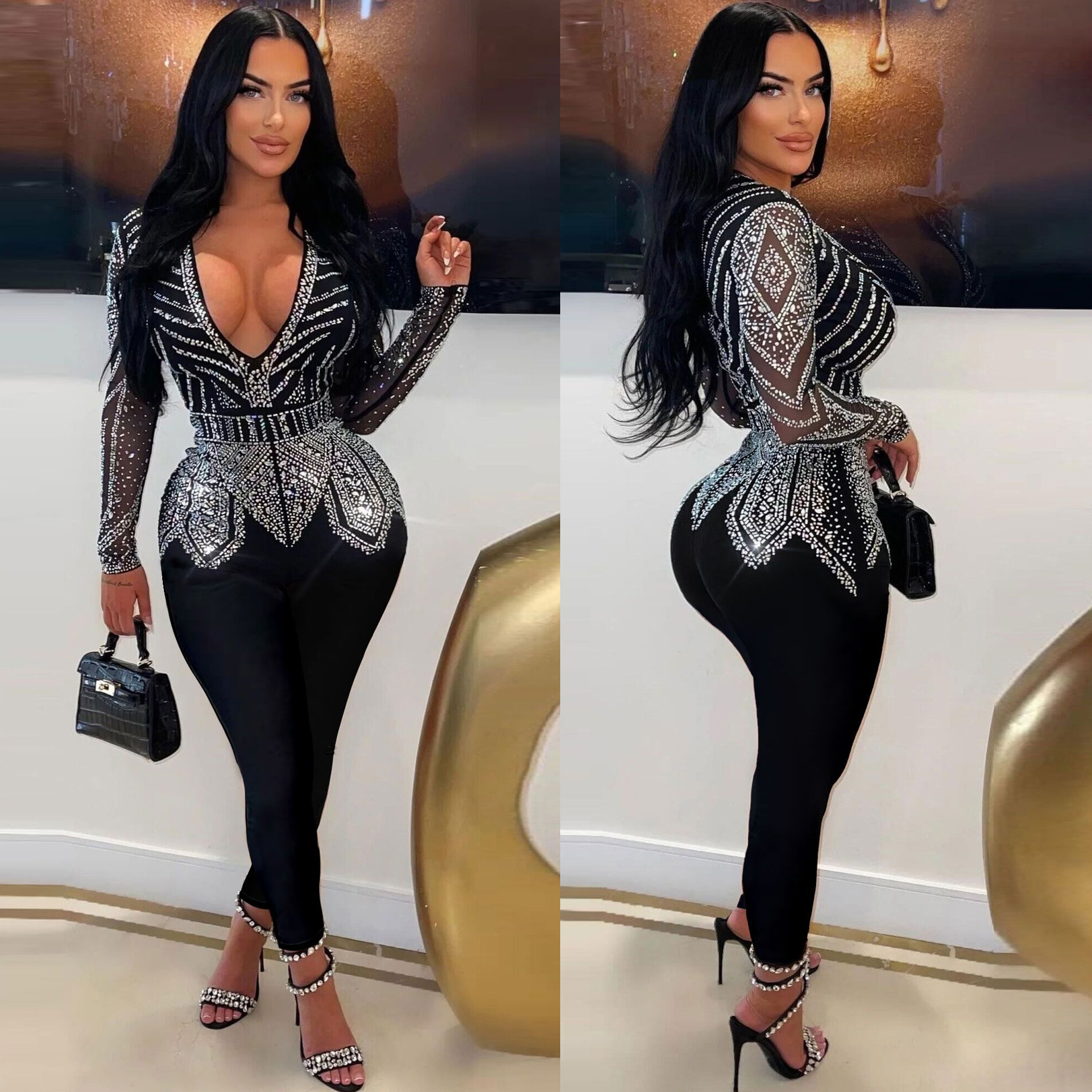 Slim Hip Rhinestone V-Neck Stretch Tight Jumpsuit - Image 8
