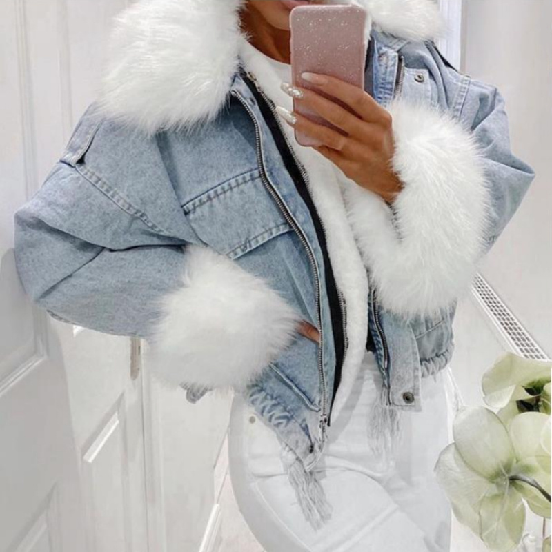 Washed White Denim Fur Integrated Jacket