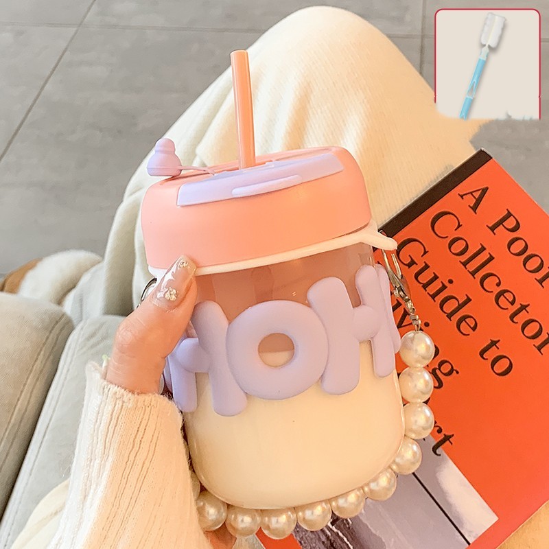 Cute Pearl Chain Silicone Glass Mug With Straw - Image 5