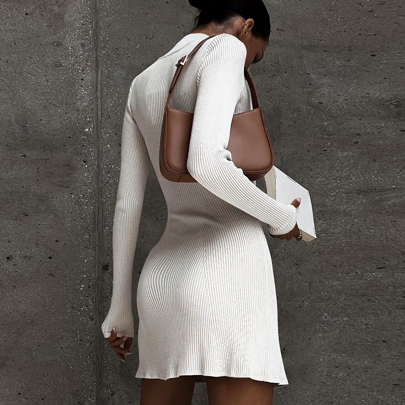 Autumn Turtleneck Wool Solid Color Dress - Image 3