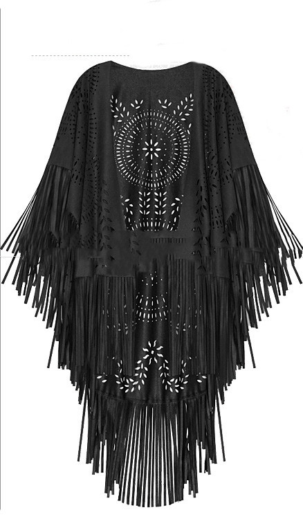Suede Hollow Fringed Short Sleeve Jacket - Image 3