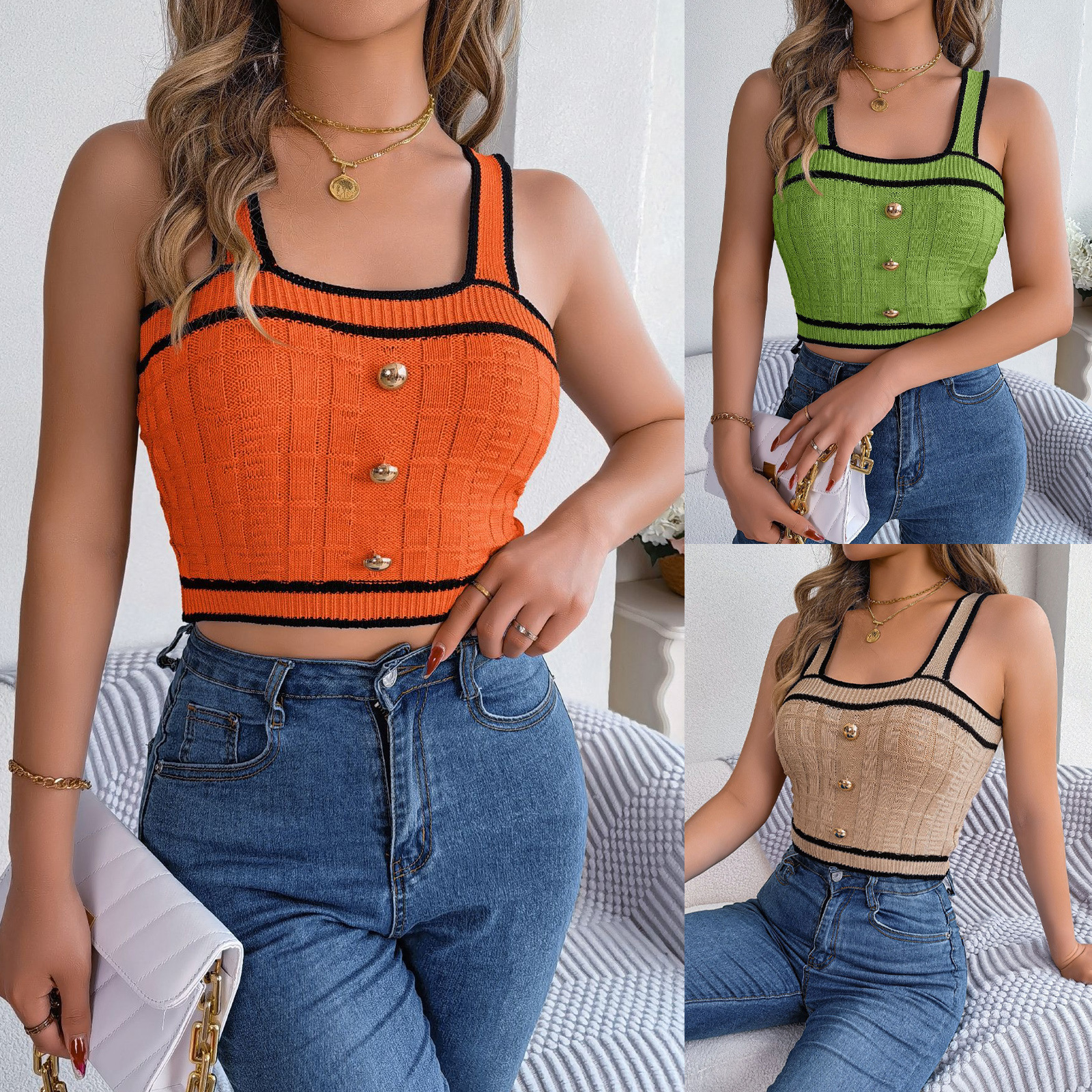 Sleeveless Midriff-baring Knitwear Top