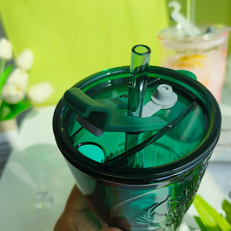 Large Capacity Embossed Glass Cup With Straw - Image 6