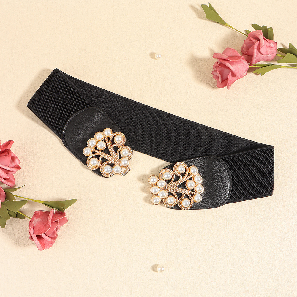 Multi-colored Pearl Metal Buckle Elastic Wide Belt - Image 10