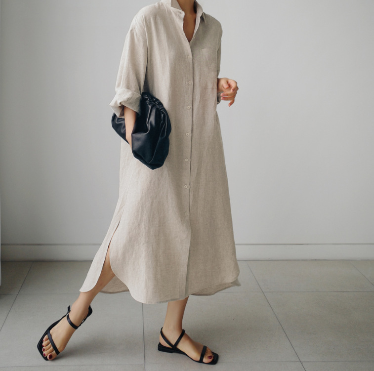 Overknee Long Cotton Linen Shirt Dress