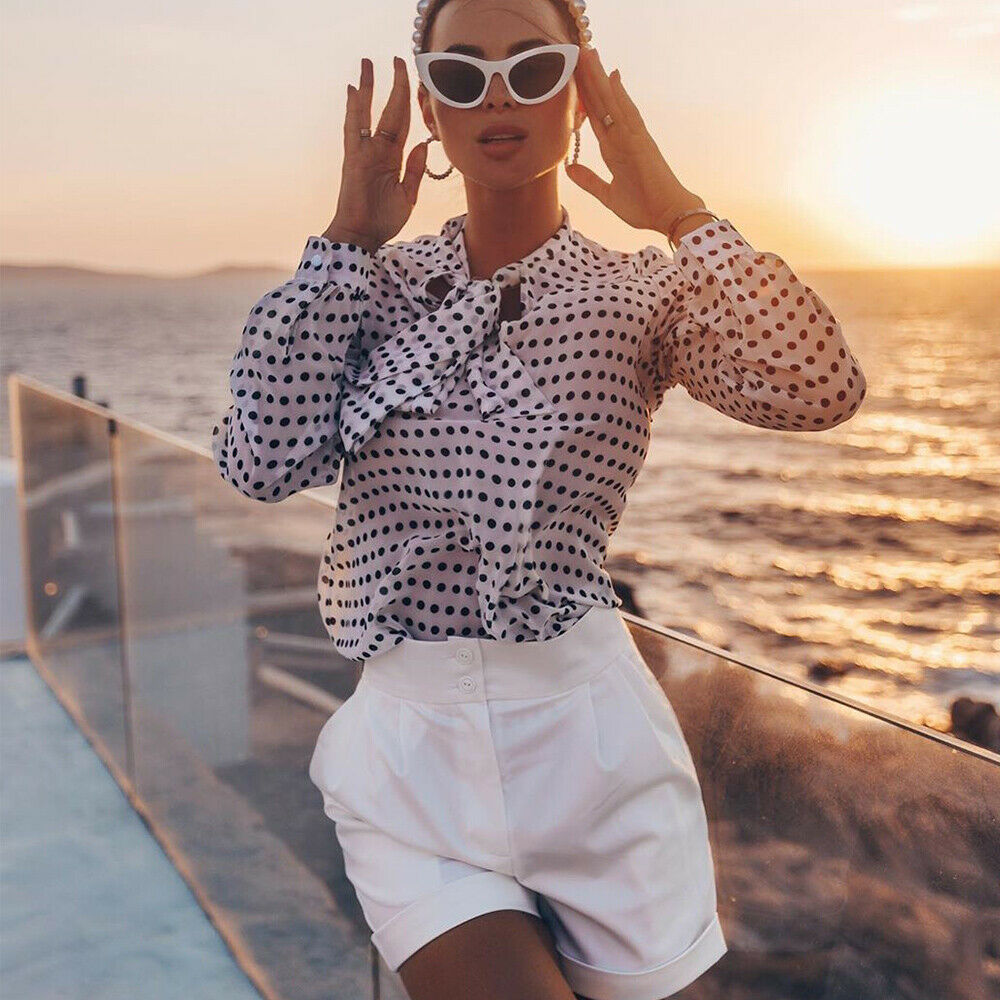 Polka Dot Long-sleeved Lace Up Shirt Top - Image 3