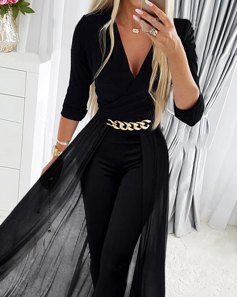 Women's Mesh Patchwork V-Neck Jumpsuit - Image 4