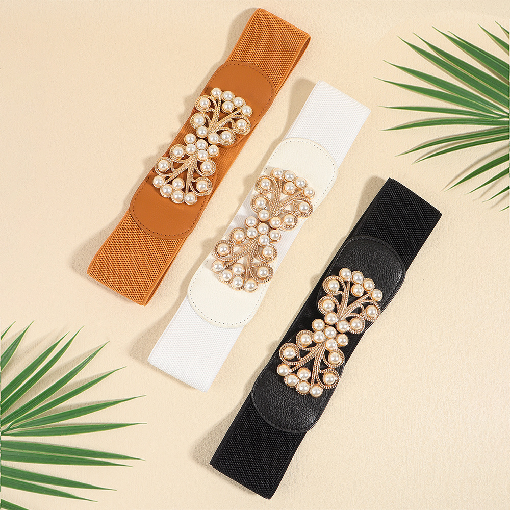 Multi-colored Pearl Metal Buckle Elastic Wide Belt - Image 4