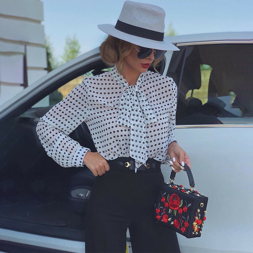 Polka Dot Long-sleeved Lace Up Shirt Top