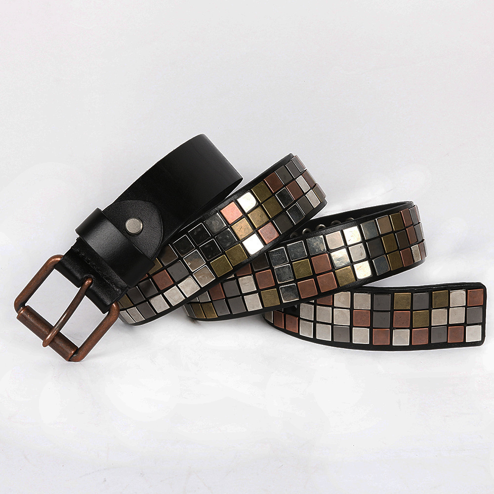 Flat Studded Leather Belt With Square Patch