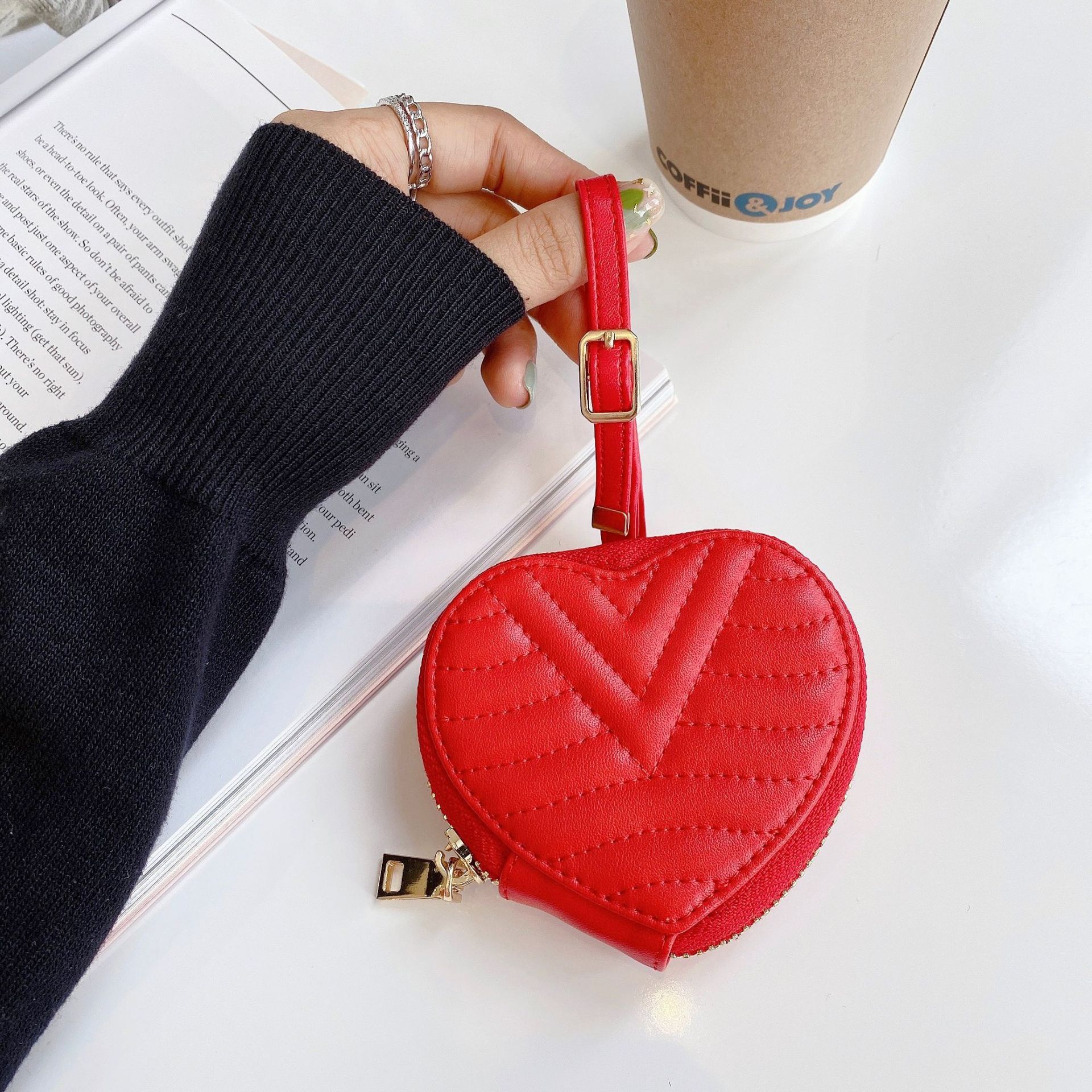 Embroidered Heart Shaped Zipper Leather Case