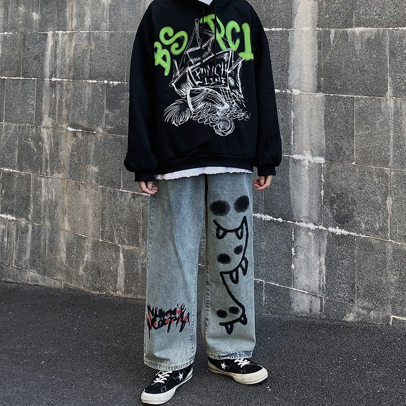 Loose Drape Graffiti Print Mopping Trousers For Men - Image 4