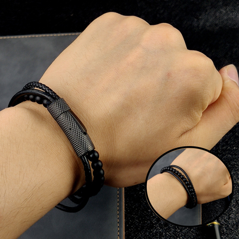 Stainless Snap Beaded Black Leather Bracelet
