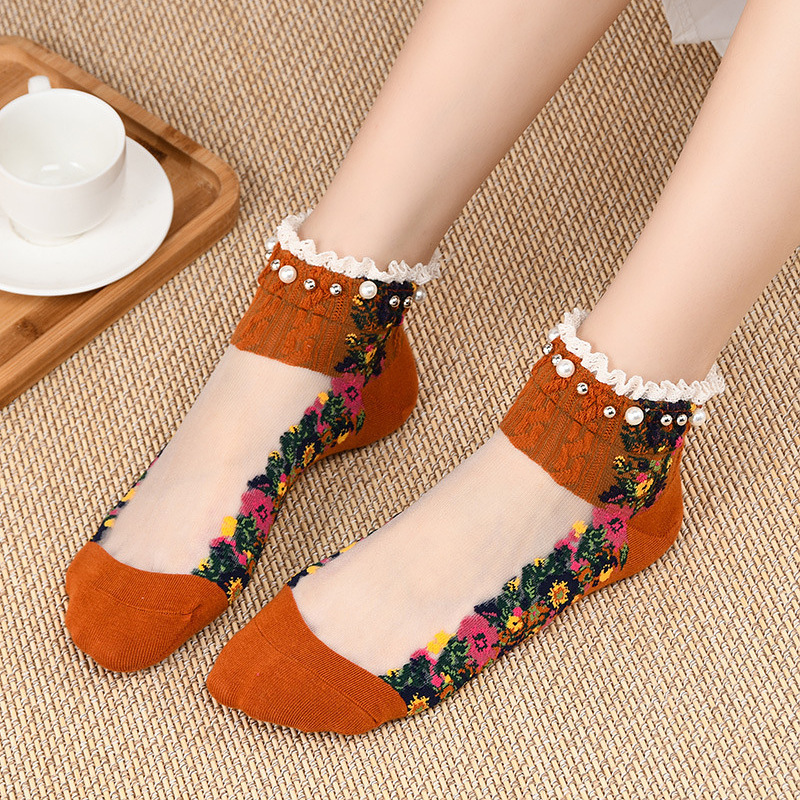 Transparent Nylon Cotton Floret Silk Women Socks