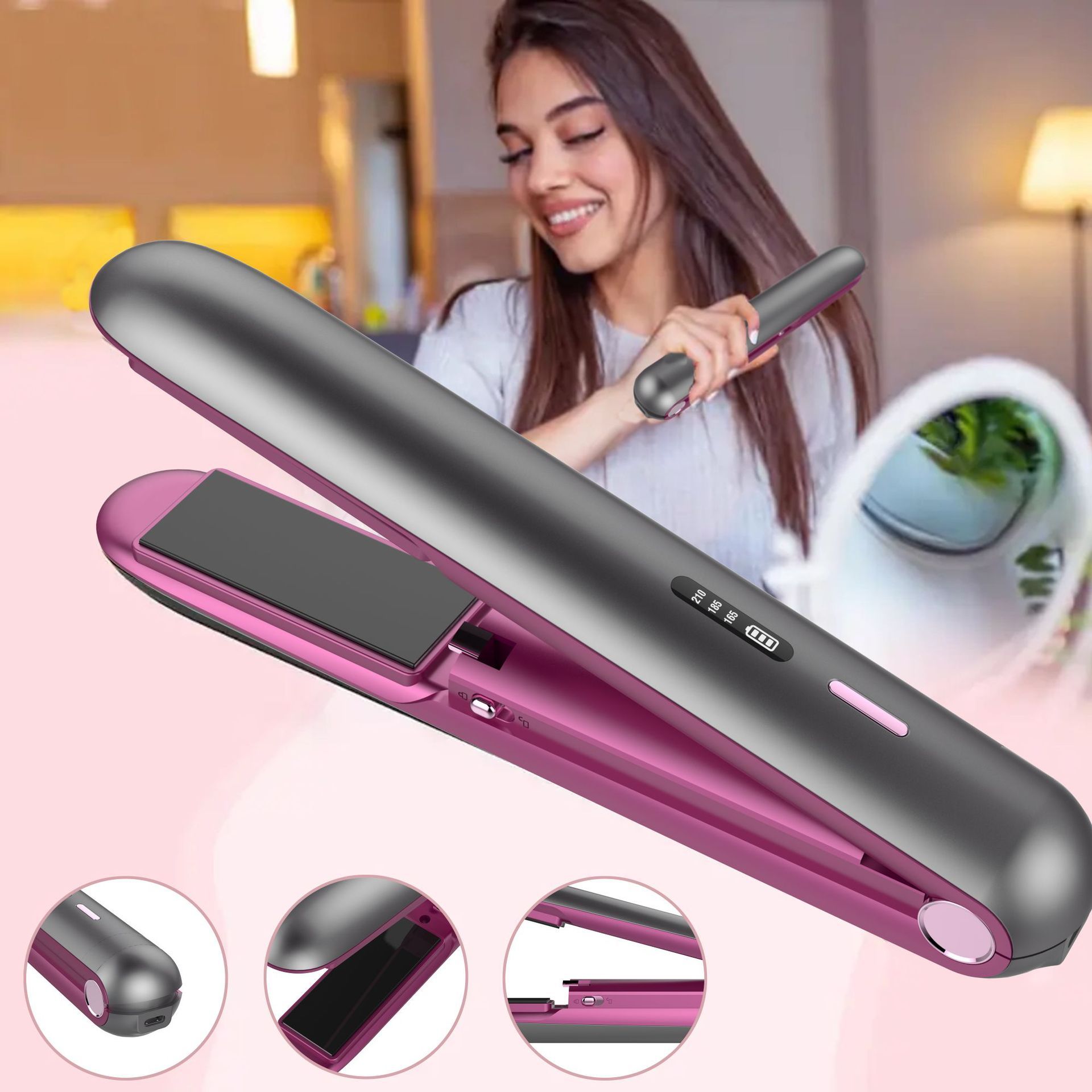 Wireless Charging Plywood Bangs Straightener For Curling