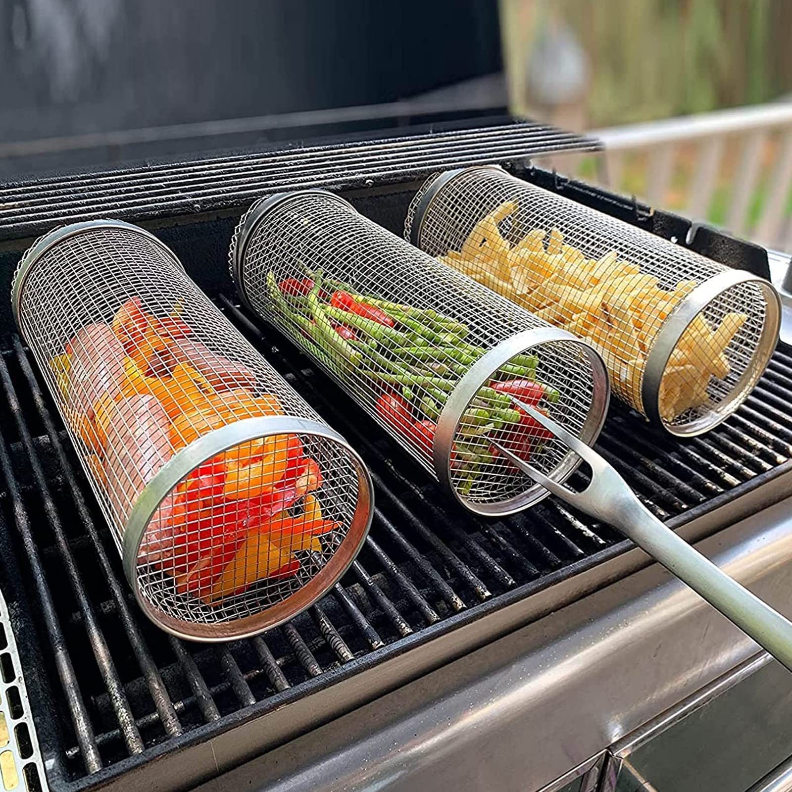 Portable BBQ Rolling Metal Basket