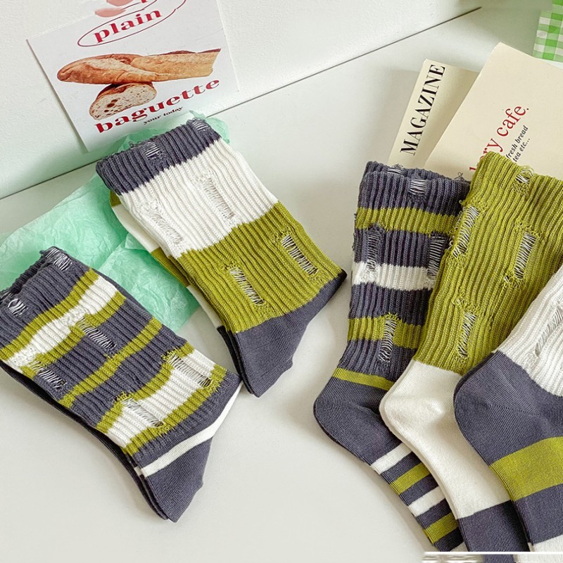 Women Striped Ripped Beggar Socks