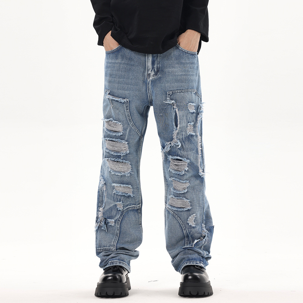 Loose Stitching Hole Denim Men Trousers