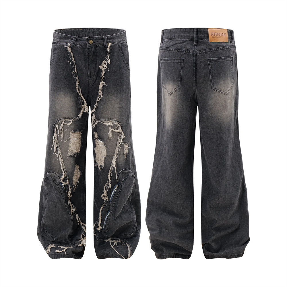 Ripped Wide-legged Denim Trousers For Men