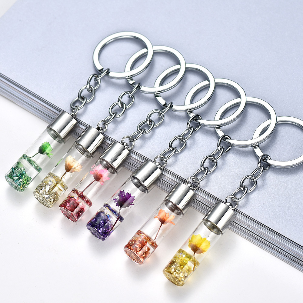 Plant Dried Flower Glass Bottle Keychain