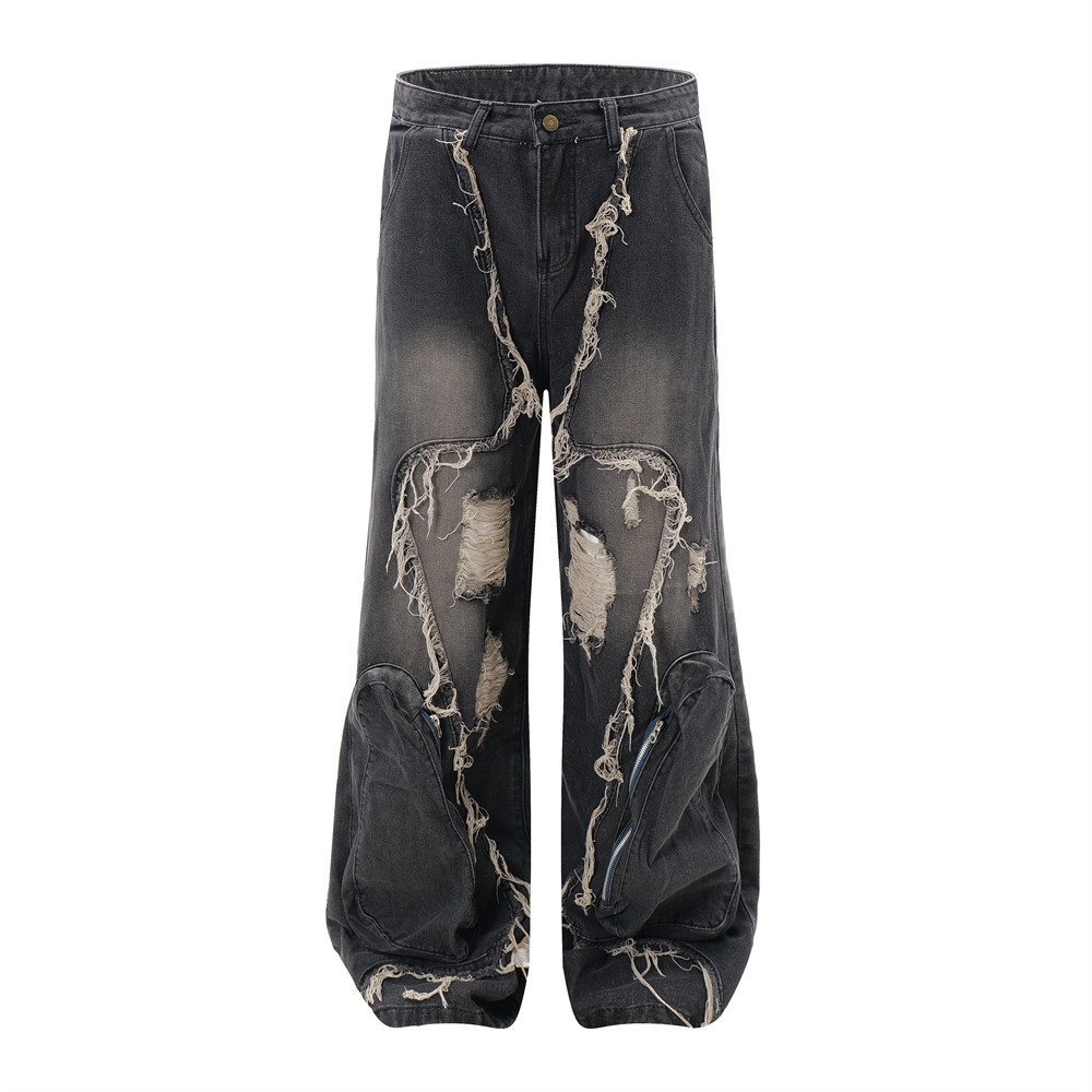 Ripped Wide-legged Denim Trousers For Men - Image 2