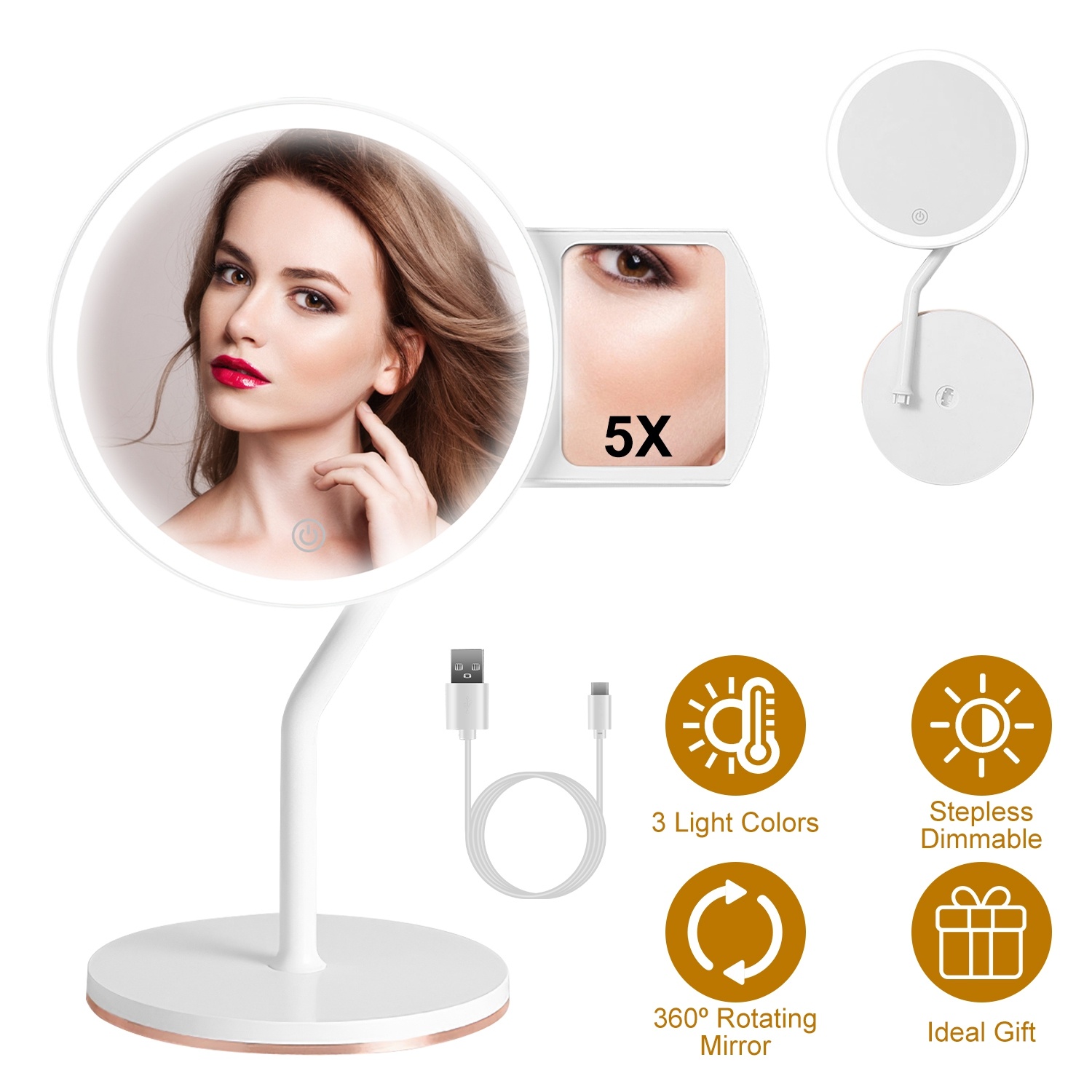 1Pc 7.48In 5X Magnifying Lighted Makeup Mirror With Lights